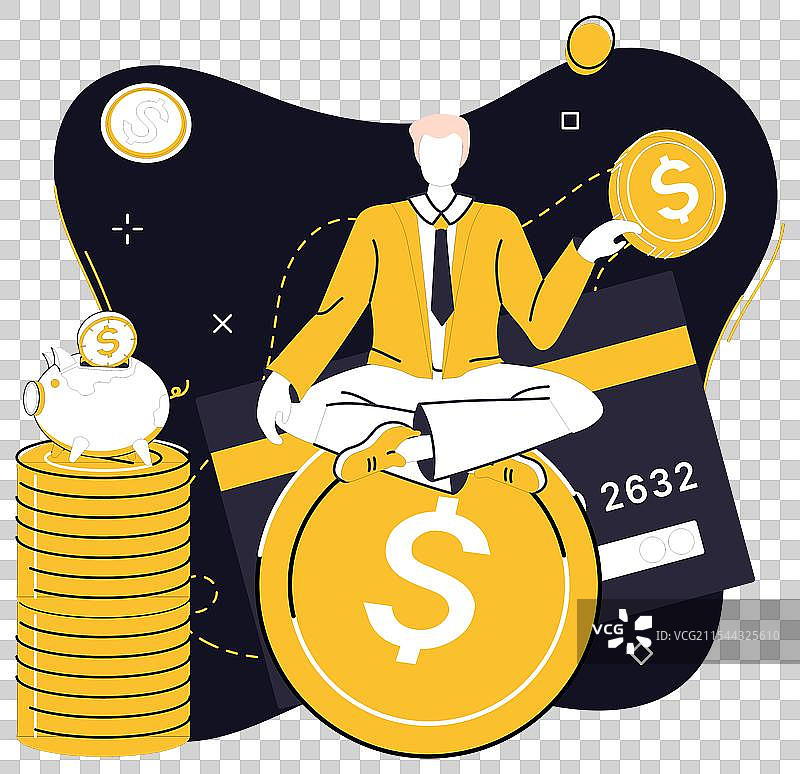 坐在钞票堆上的男人，手持信用卡图片素材