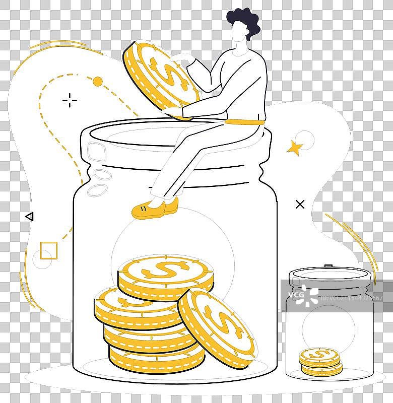 一个人往储蓄罐里投放硬币，象征着储蓄。图片素材