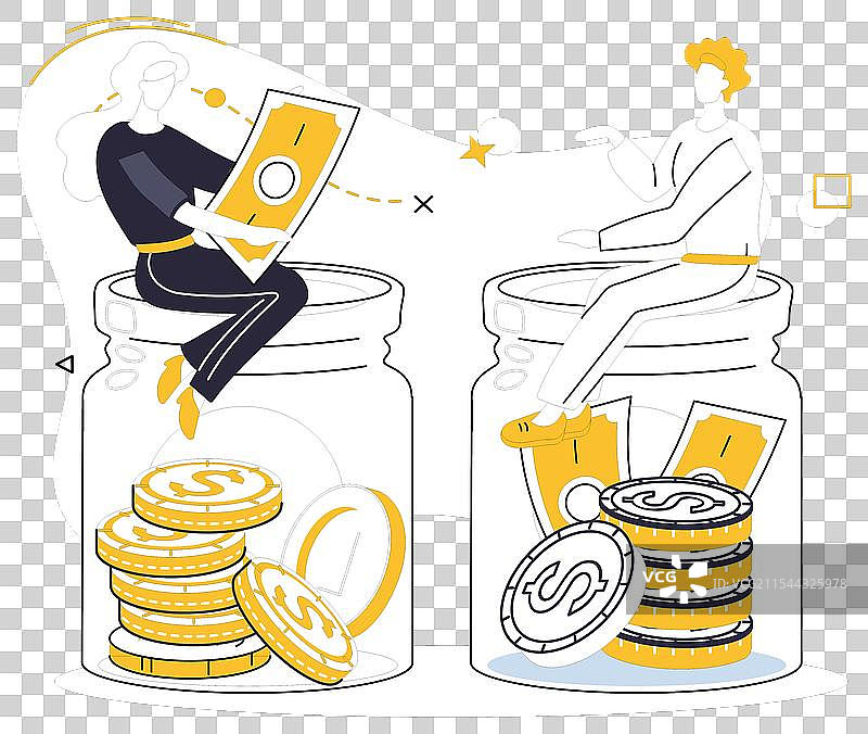 人们坐在装满硬币和钞票的罐子上图片素材