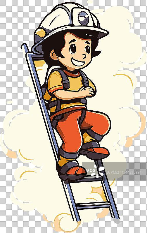 穿着制服的卡通消防员在梯子上图片素材