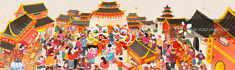 春节元宵节年俗插画赶大集办年货舞狮子扭秧歌逛庙会图片素材