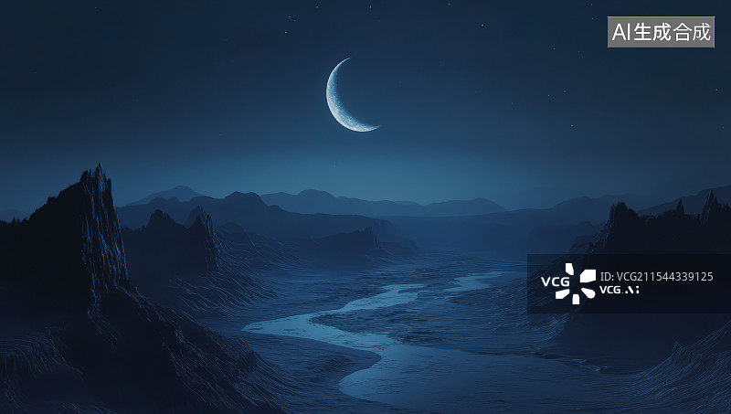 【AI数字艺术】星球地貌和弯月图片素材