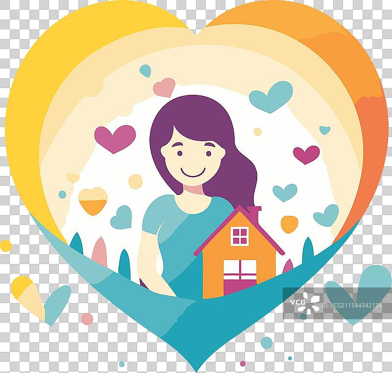 一个女孩和一座心形的房子图片素材