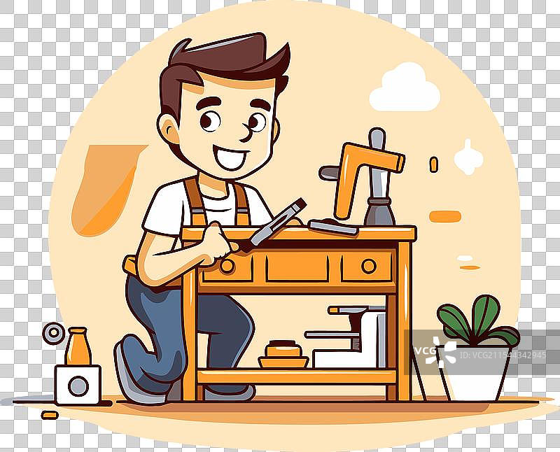 卡通风格的木匠在他的工作坊里工作图片素材