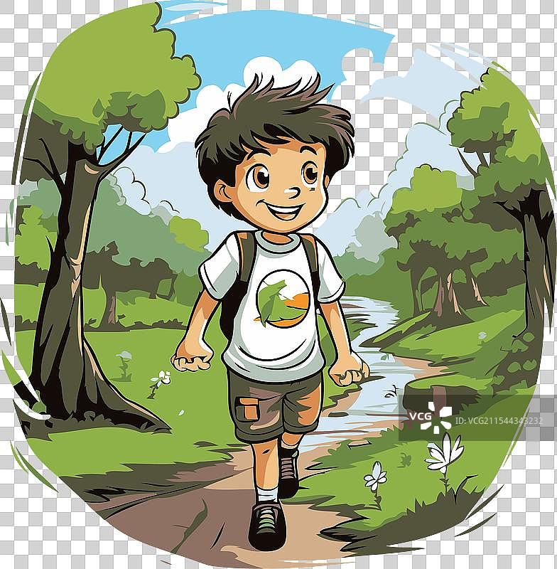 白色背景上卡通风格的男孩在公园里奔跑图片素材