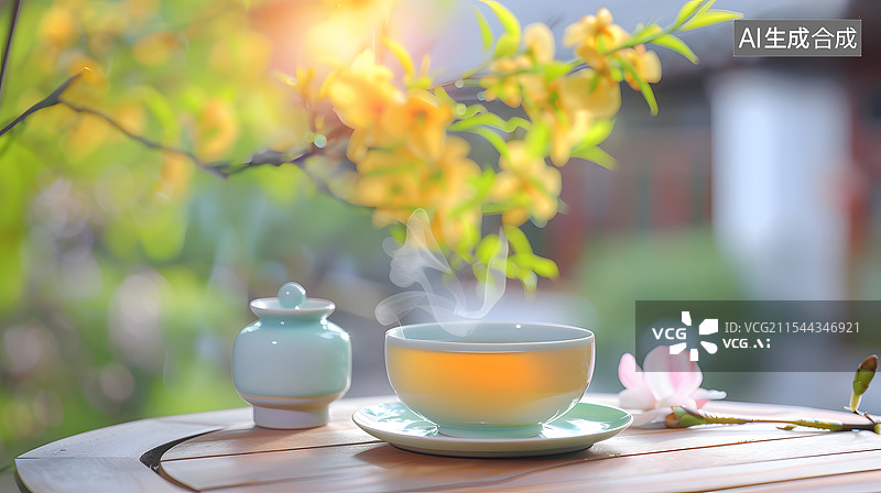 【AI数字艺术】一杯茶，中式茶碗、茶壶和树叶，干净明亮简约，中国风茶叶产品海报图片素材