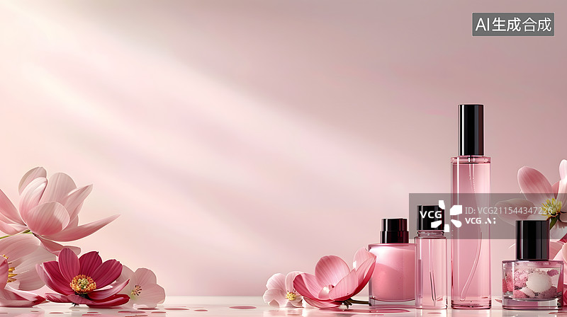 【AI数字艺术】粉红色背景下的口红粉底精华和其他装饰化妆品图片素材