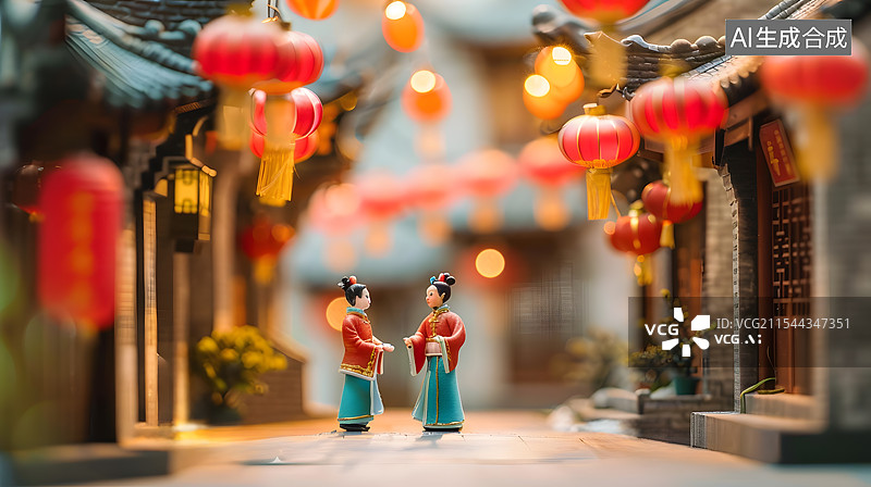 【AI数字艺术】微缩移轴摄影中国古风春节古镇场景图片素材