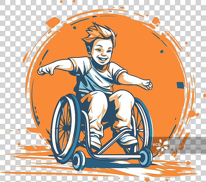 坐在轮椅上的残疾男孩，背景为蓝色图片素材