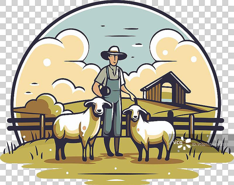 白色背景上的平面风格农民与羊群图片素材
