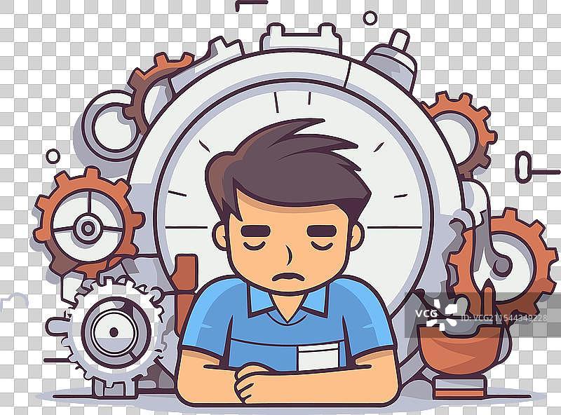 悲伤的男人与卡通风格的秒表和齿轮图片素材