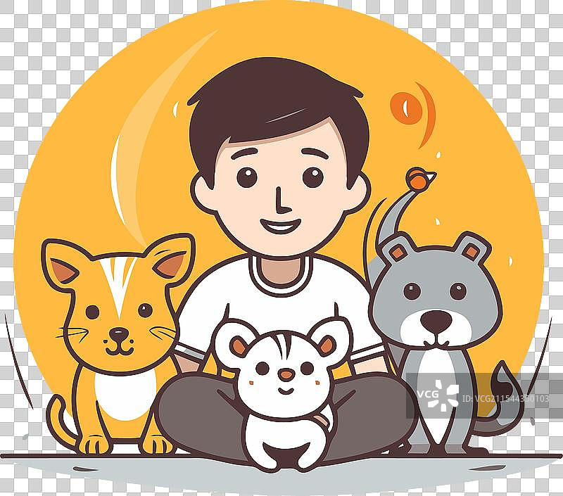 可爱的男孩与狗和猫的卡通风格插图图片素材