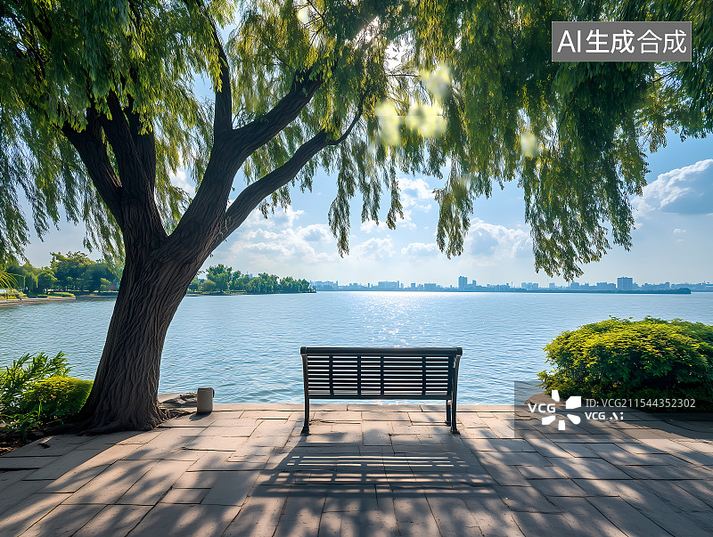 【AI数字艺术】湖边的大树和长椅图片素材