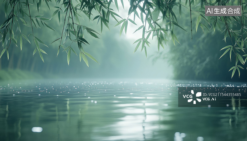 【AI数字艺术】雾气朦胧的湖边竹林图片素材