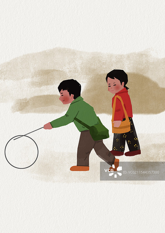 美好童年往事小时候乡村乡下农村家园家乡小孩子小朋友户外玩耍游戏嬉戏玩乐趣味生活方式滚铁圈插画图片素材