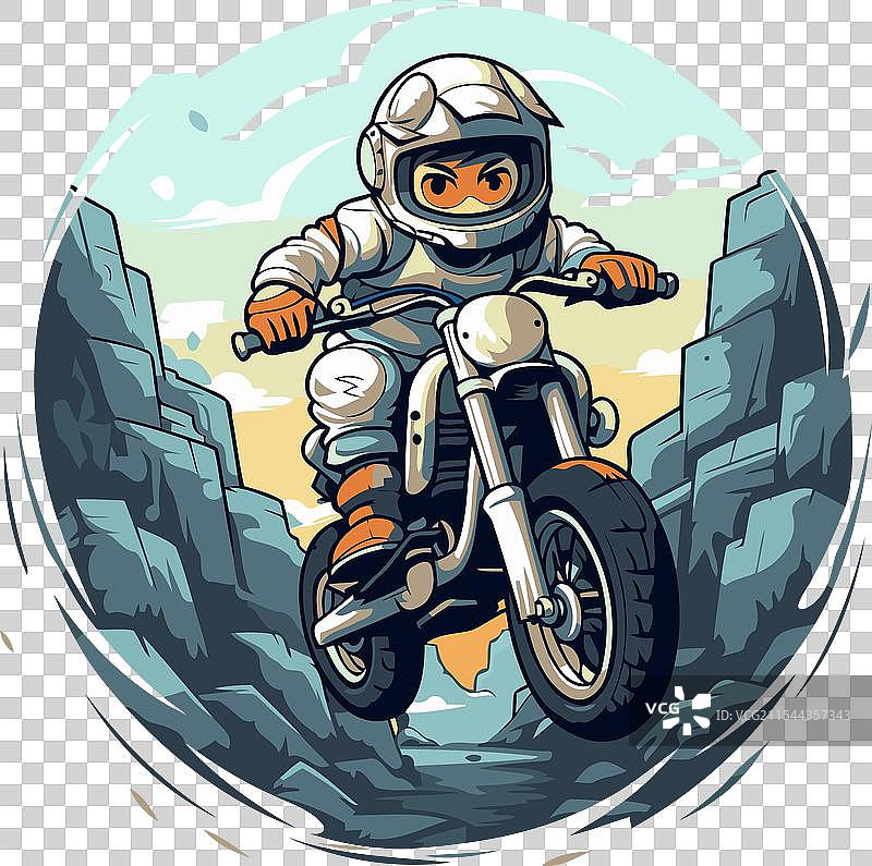 一名宇航员在山中骑摩托车图片素材