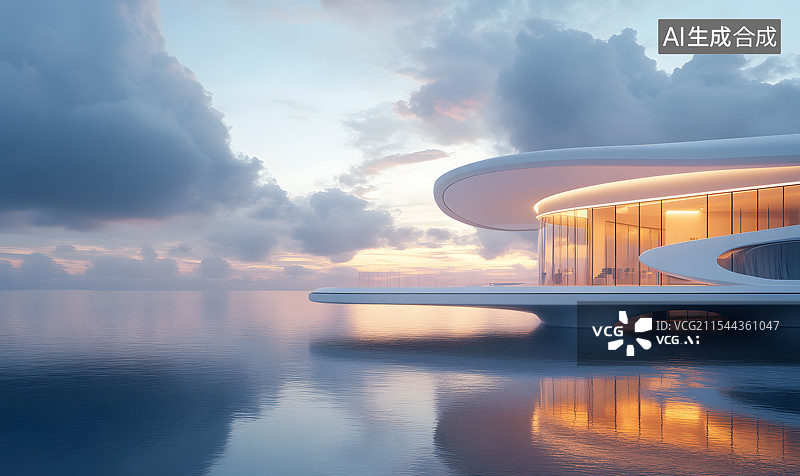 【AI数字艺术】日落时分水边的白色现代建筑倒影图片素材