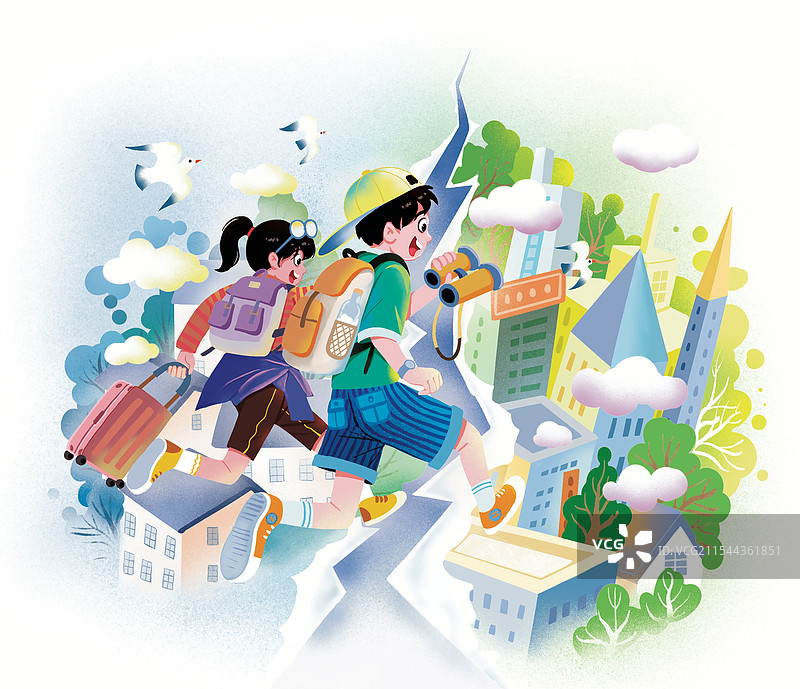 彩色插画 卡通 女孩 男孩 去旅行 跨越 游玩 美景 城市 乡村图片素材