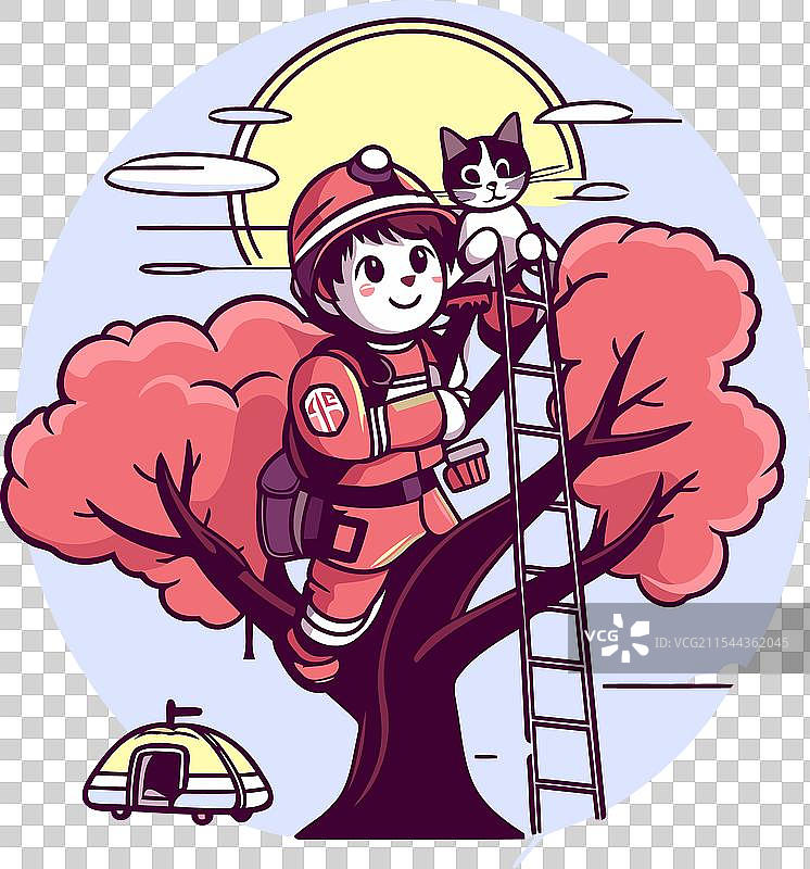 卡通风格的消防员和树上的猫图片素材