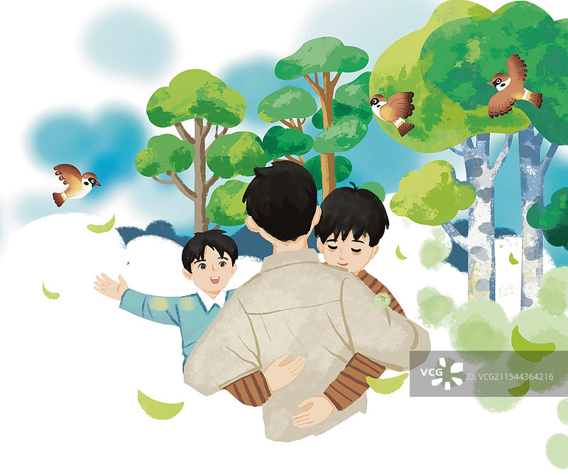 彩色插画 乡下生活 打篮球 孩子少年 花园 奶奶 老人 男孩 友谊 往事 回忆 童年 拥抱 情谊图片素材