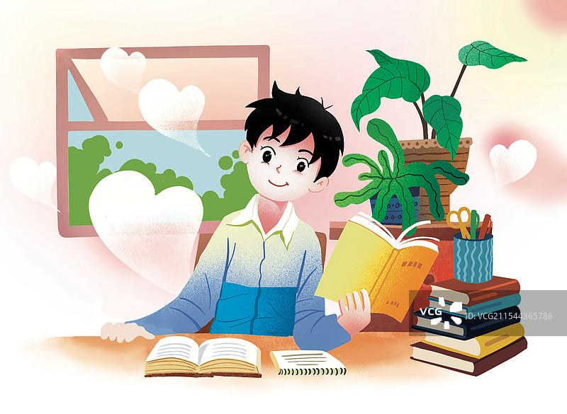 彩色插画 男孩 男生 学习 书桌 看书 写字 学生 中学生图片素材