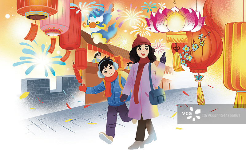 彩色插画 传统节日 元宵节 看花灯 正月十五 妈妈儿子 街上 冬季图片素材