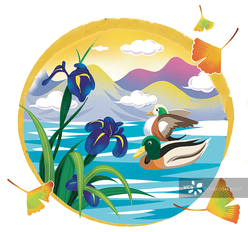 彩色插画 绿头鸭 池塘 大自然 美景 夏季 动物图片素材