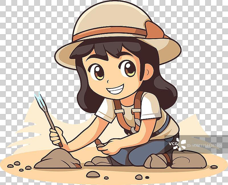 戴着狩猎帽的女孩在玩石头的卡通形象图片素材