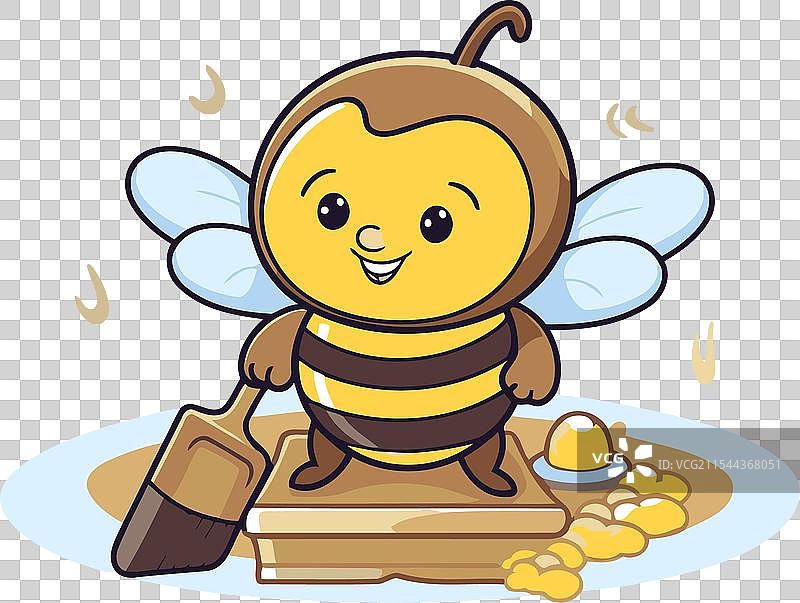 可爱的卡通蜜蜂角色拿着一把木铲图片素材