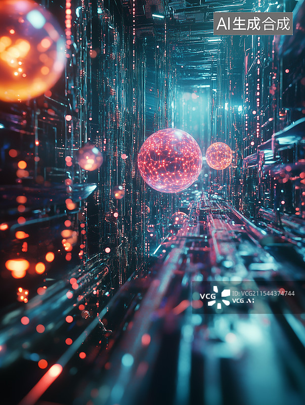 【AI数字艺术】未来科技城市夜景中悬浮发光球体与灯光交织图片素材