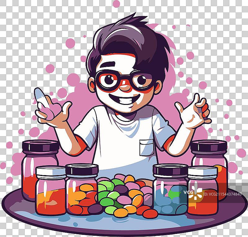 戴眼镜的可爱男孩与糖果罐的卡通形象图片素材