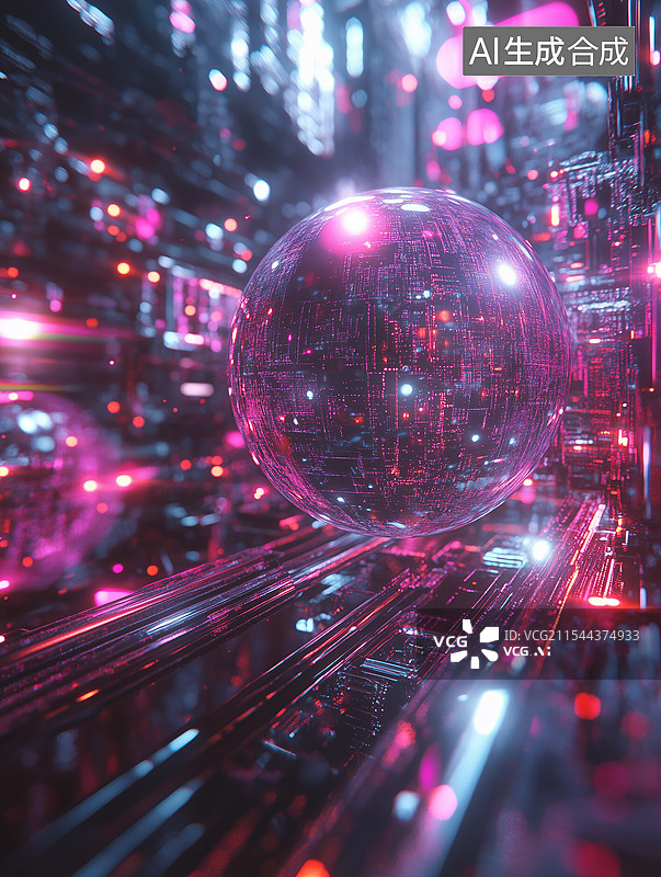 【AI数字艺术】悬浮于霓虹城市夜景中的透明发光球体图片素材