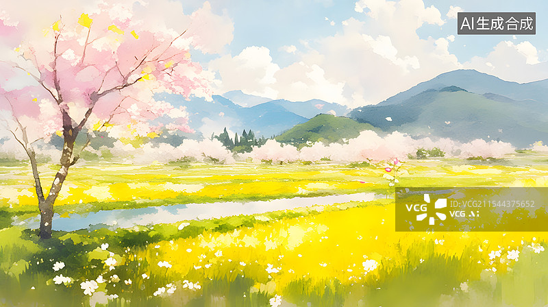 【AI数字艺术】春日田园水彩画图片素材
