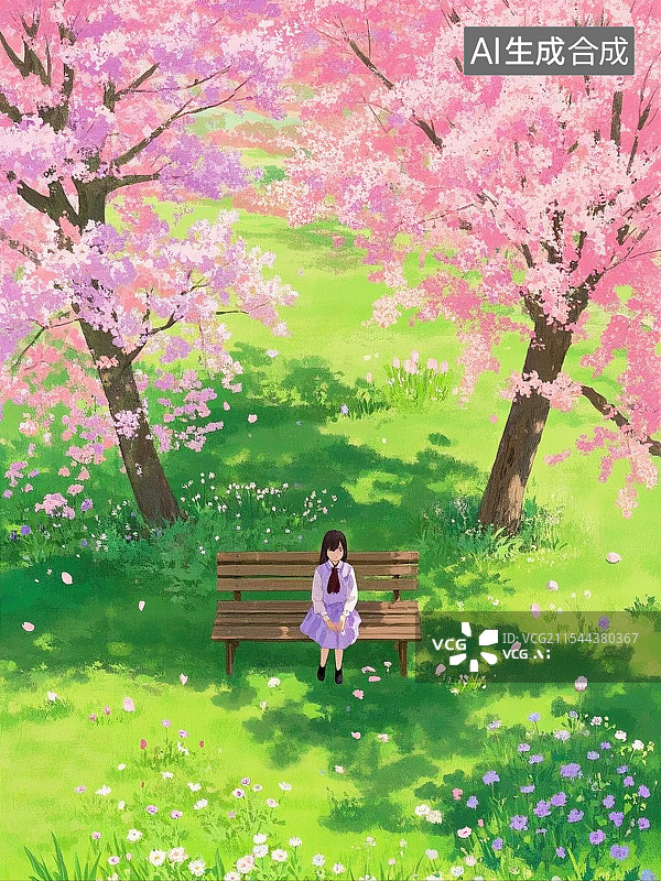 【AI数字艺术】樱花树下少女图片素材