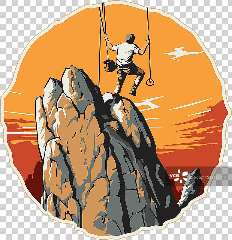 在复古风格的日落时分，一名男子正在攀登山峰图片素材