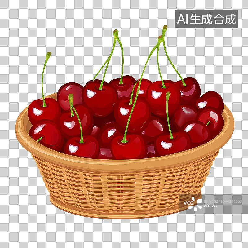 【AI数字艺术】治愈系手绘插画，篮子里的樱桃，车厘子，免抠元素图片素材