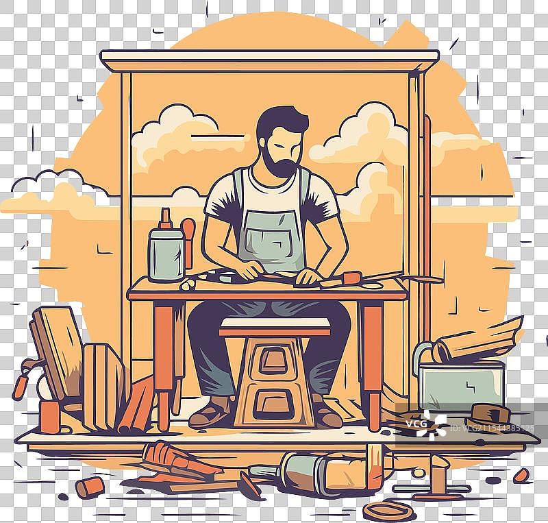 在他的工作坊里工作的木匠，扁平风格图片素材