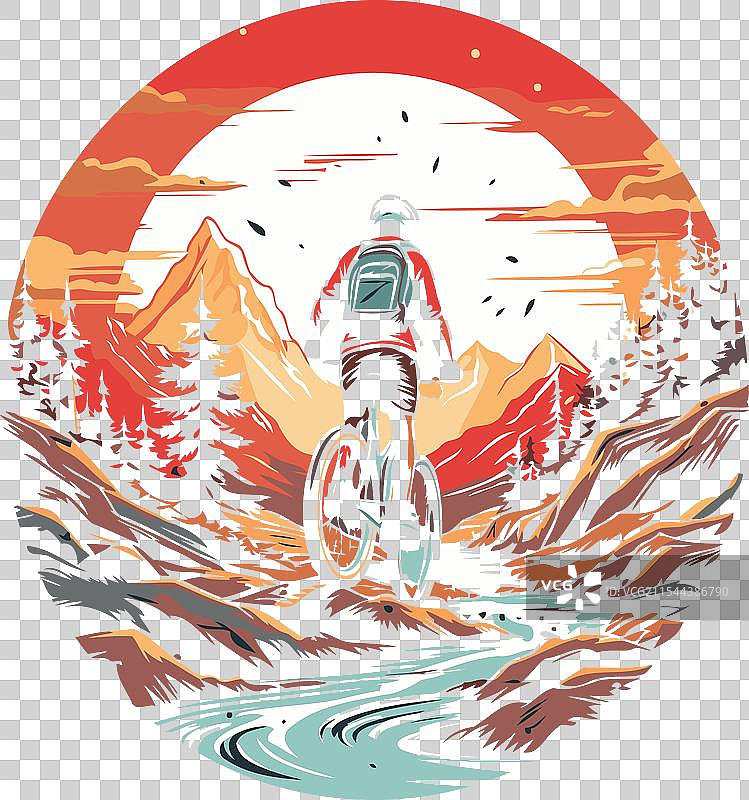 山地自行车手在日落时分骑行于山中图片素材