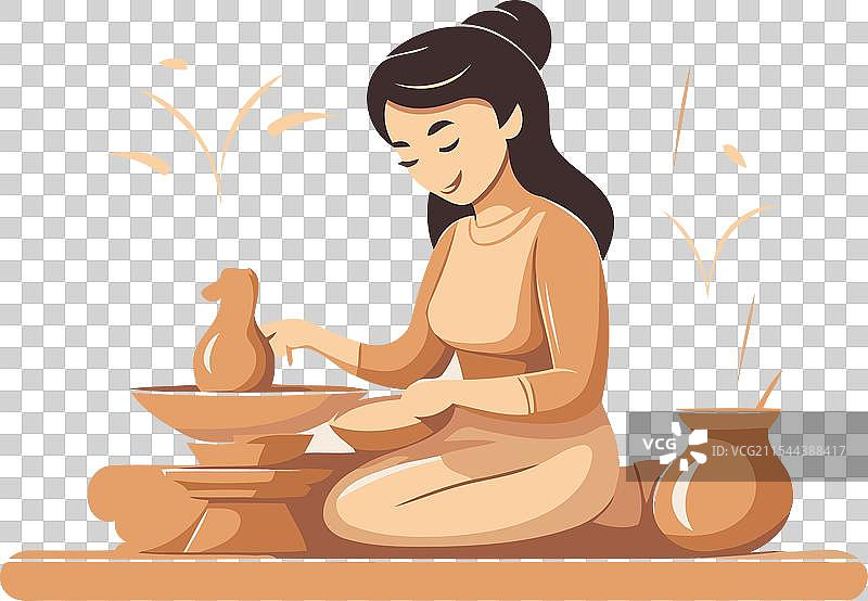 女性陶艺师在陶艺工作坊制作陶土花瓶图片素材