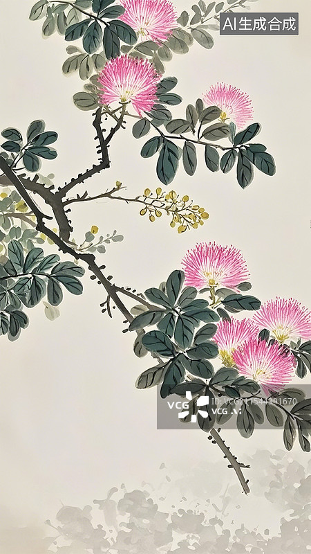 【AI数字艺术】水墨合欢花图片素材