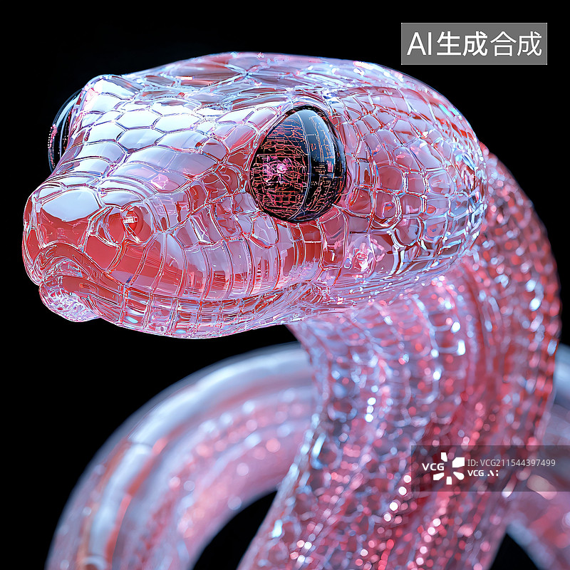 【AI数字艺术】蛇、赛博朋克、机械、透明结构、电子元件、C4D图片素材