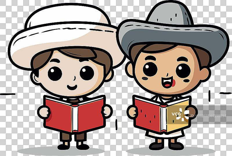 男孩和女孩在读书 - 可爱的儿童卡通图片素材