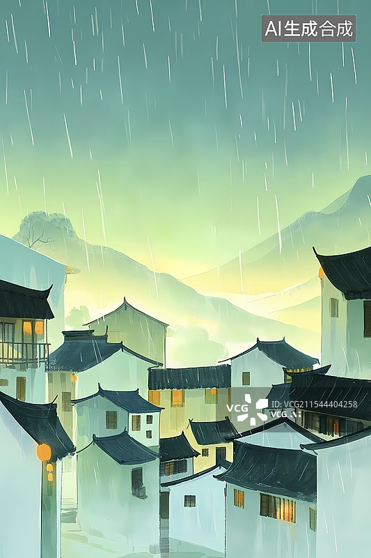 【AI数字艺术】春天里的江南房屋图片素材