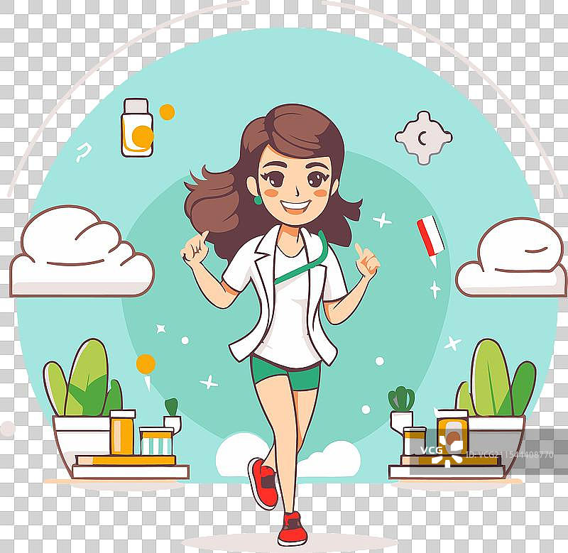 可爱的女孩在公园里奔跑，卡通风格图片素材