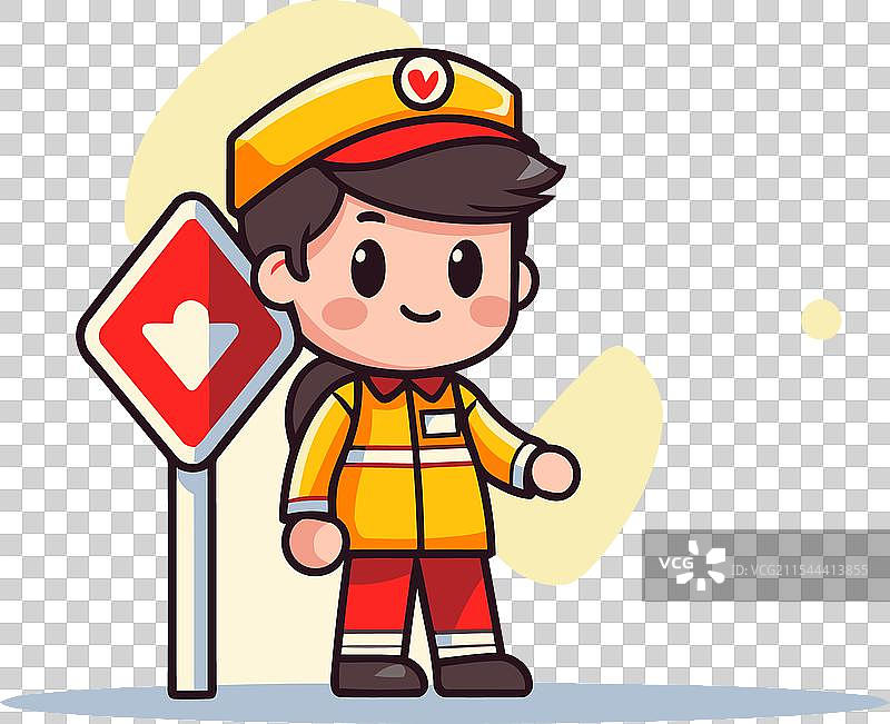 穿着消防员制服的可爱男孩与交通标志图片素材
