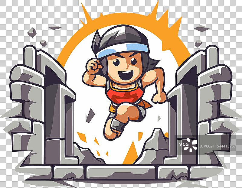 孩子的吉祥物从石墙中跳出图片素材