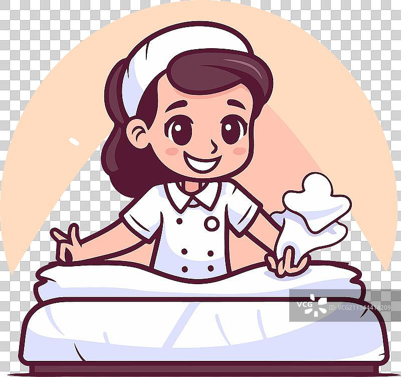 可爱的护士卡通形象，手里拿着一托盘床上用品图片素材