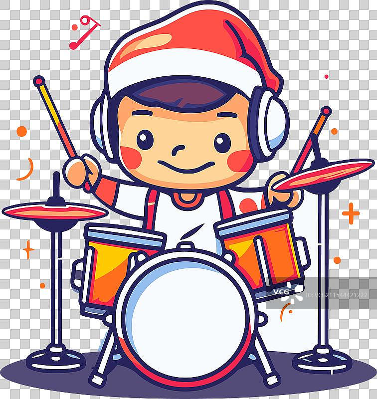 可爱男孩戴着圣诞帽打鼓图片素材