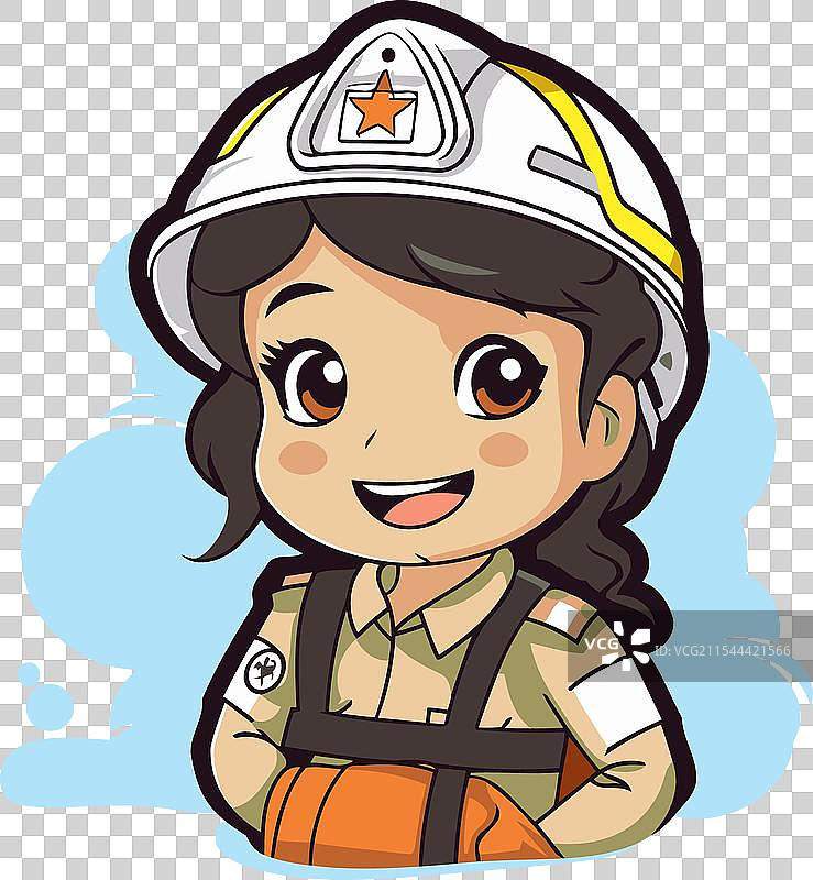 穿着消防员制服的可爱小女孩 - 卡通图片素材