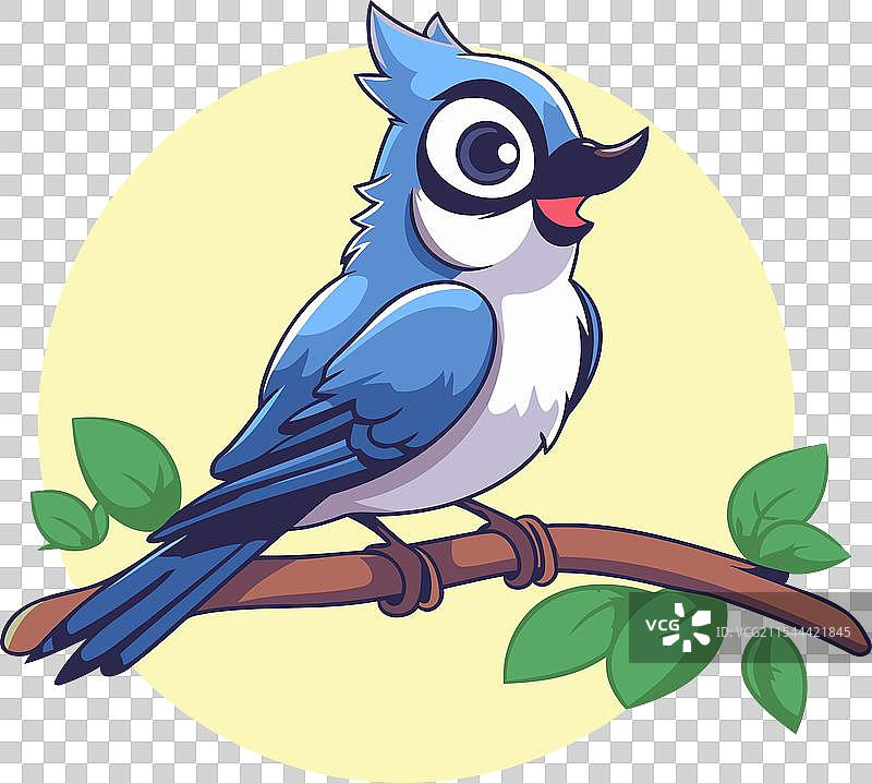 可爱的卡通蓝山雀栖息在树枝上图片素材